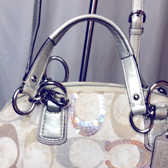 COACH sequin cream colored signature satchel handbag. - Picture 3 of 13